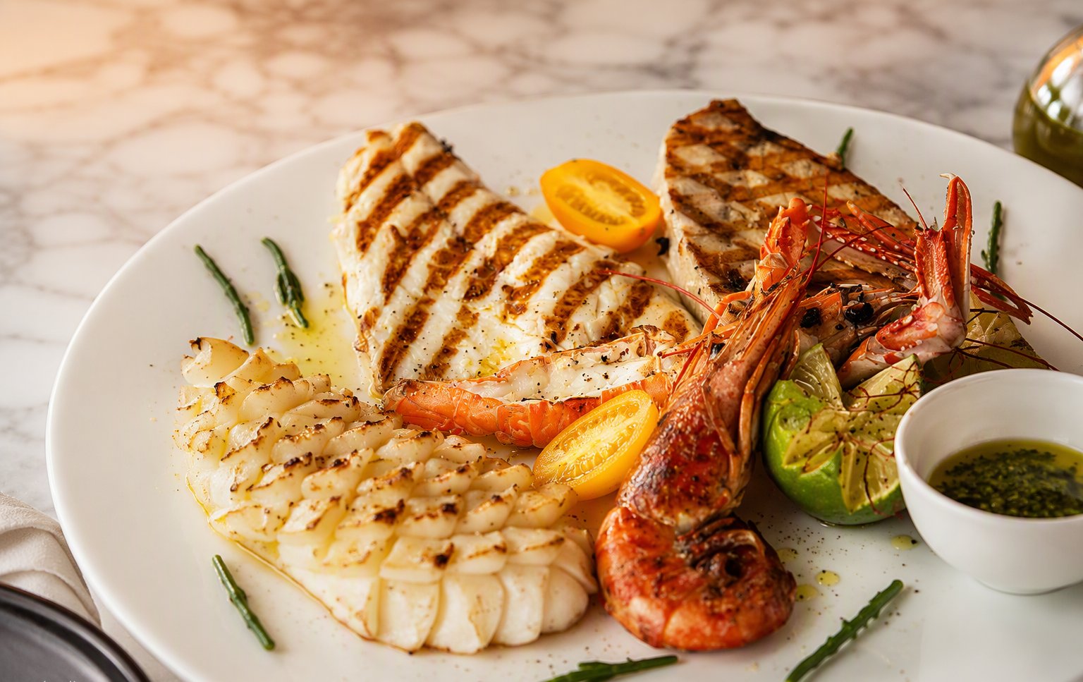 L'antipasto di mare con gamberi, calamari e pesce alla griglia